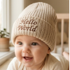 KW117: Baby Embroidered Hello World Knitted Hat- Beige (Newborn -3 Months)